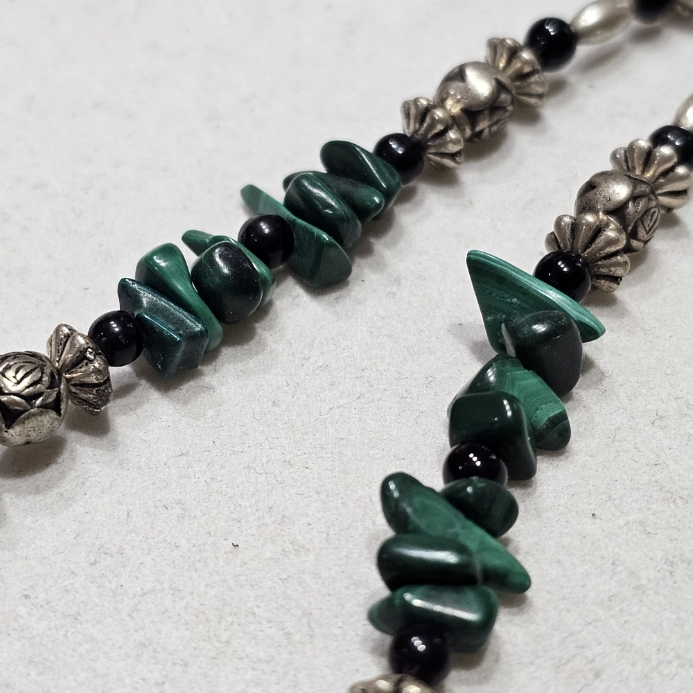 Malachite Necklace with Onyx, Glass, and Silver Beads - Picture 10 of 15